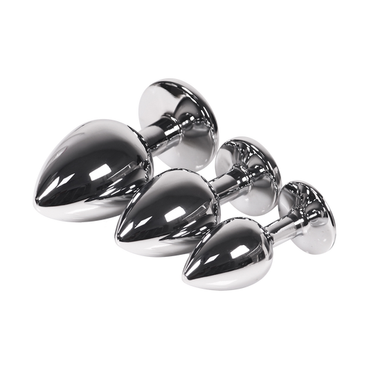 Set of silver butt plugs in three sizes on a transparent background