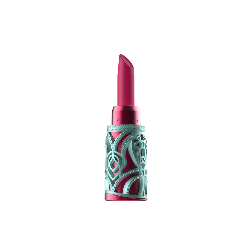 Pink lipstick-inspired clit sucker vibrator with decorative case on a white background