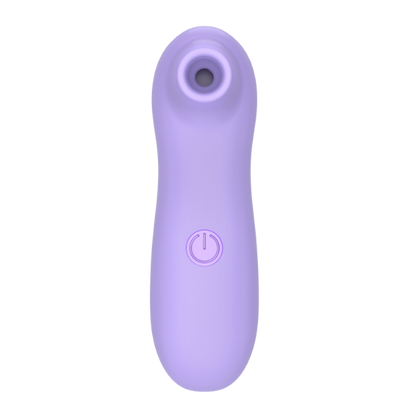 Purple clit-sucking vibrator with a power symbol on a white background