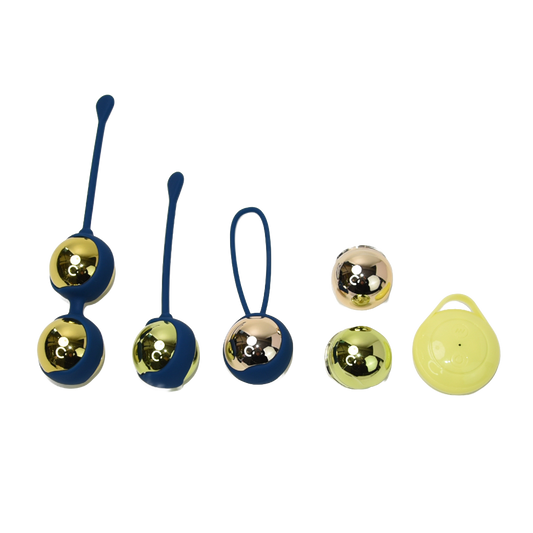 A set of yellow kegel balls with blue bands and yellow remote control on a transparent background