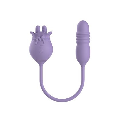 Purple silicone dual vibrator with a flexible cord on a white background