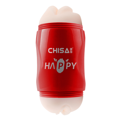 Red dual-ended male masturbator with 'CHISA HAPPY' text on a white background