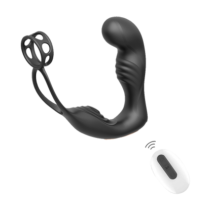 Black prostate massager and cock ring with white remote control on transparent background
