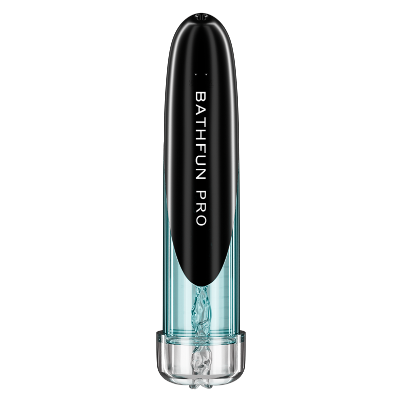 Black and clear penis pump device on a white background