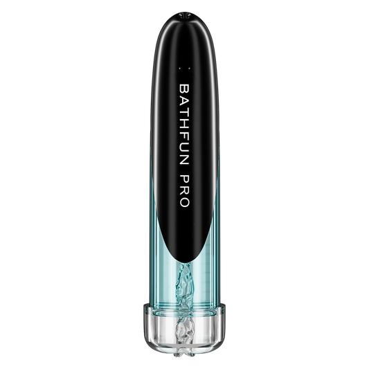 Black and clear penis pump device on a white background