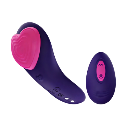 Purple and pink wearable vibrator with a remote control on a white background
