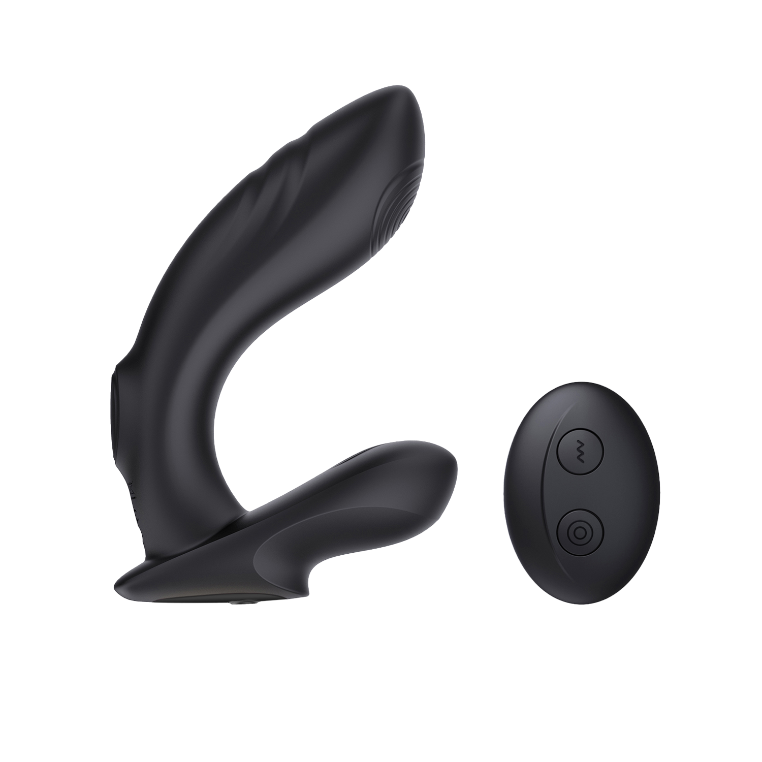 Black curved butt plug with a black remote control on a transparent background