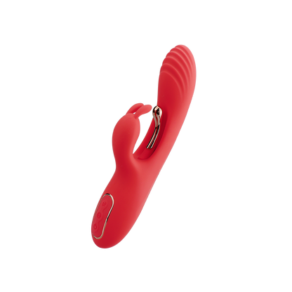 Red dual vibrator with rabbit clit stimulator on a transparent background