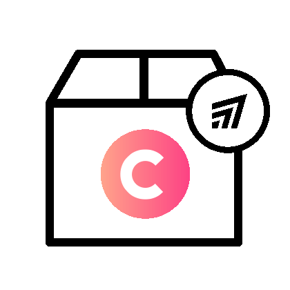 Icon of a box with a pink circle and a white logo on a white background